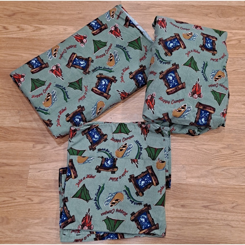 JOE BOXER Flannel Happy Camper Queen Sheet Set Flat/Fitted/2 Std Pillowcases